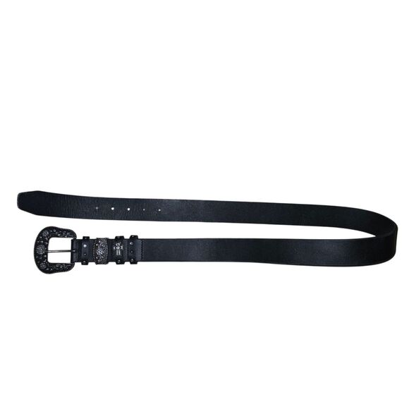Black Leather Western Belt with Silver Rhinstone Embellished Buckle Size Large main image 5